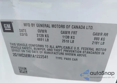 2010 Chevrolet Impala Ltz from USA, damaged, VIN 2G1WC5EM1A1222541